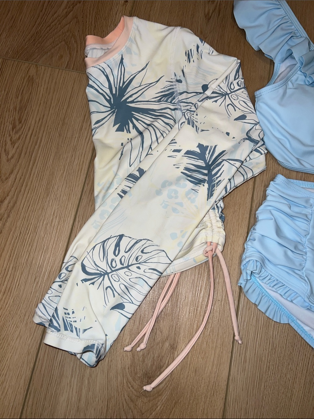 Girls' Light Blue Ruffle Bikini Set with Tropical Rash Guard - Picture 3 of 10